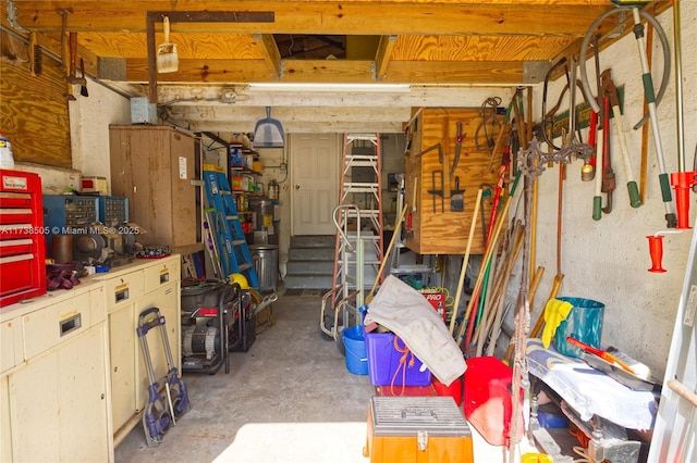 storage area featuring water heater