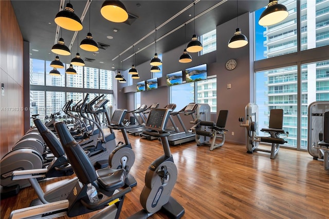 exercise room featuring expansive windows, wood-type flooring, and a high ceiling