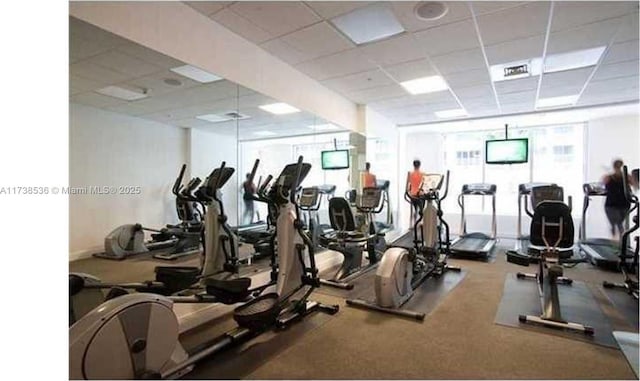 workout area with carpet floors and a drop ceiling