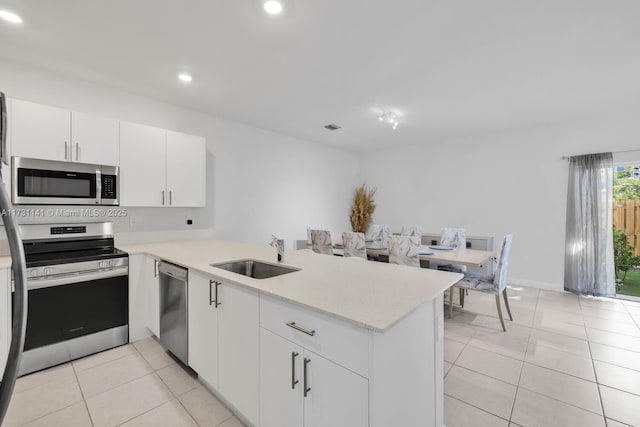 kitchen featuring light tile patterned flooring, sink, kitchen peninsula, stainless steel appliances, and white cabinets