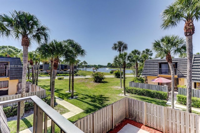 exterior space with a water view