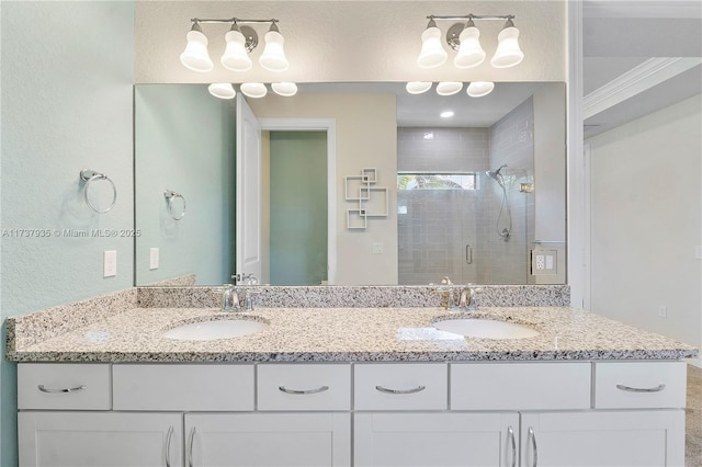 bathroom featuring vanity and a shower with door