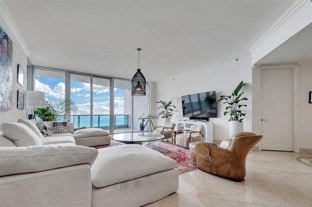 living room featuring ornamental molding and floor to ceiling windows