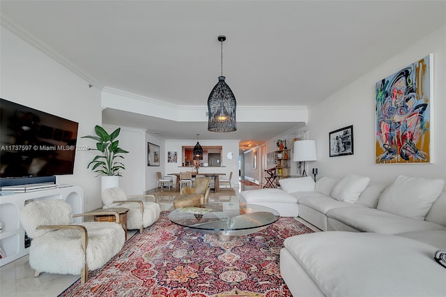 living room with ornamental molding