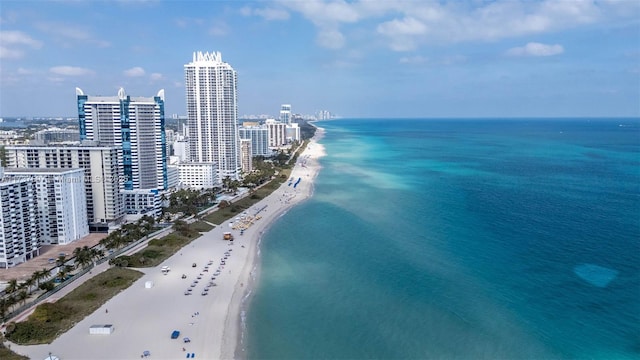 bird's eye view with a water view and a beach view