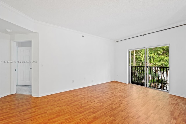 empty room featuring crown molding, light hardwood / wood-style flooring, and a textured ceiling