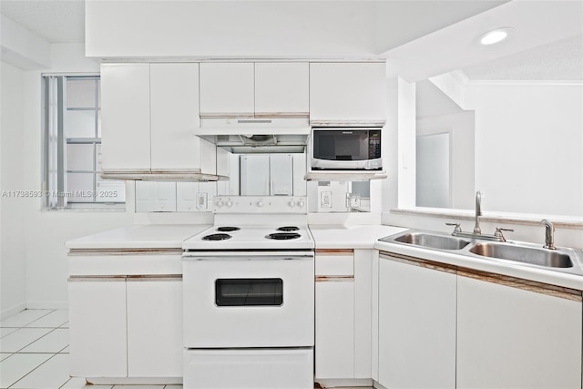 kitchen featuring white cabinetry, sink, crown molding, and white electric range oven