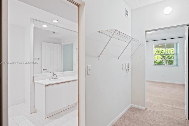 spacious closet with light colored carpet and sink