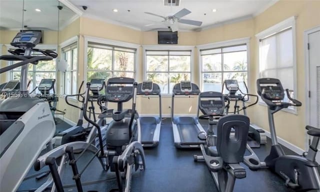 gym featuring ornamental molding and ceiling fan