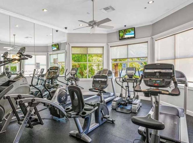 exercise room featuring ornamental molding and ceiling fan