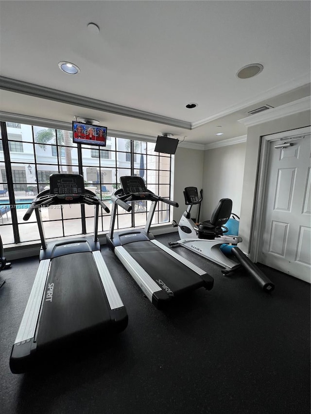 exercise room featuring crown molding and a healthy amount of sunlight