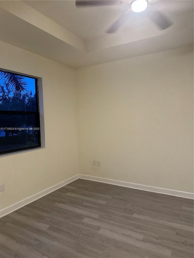 unfurnished room with hardwood / wood-style flooring, ceiling fan, and a tray ceiling