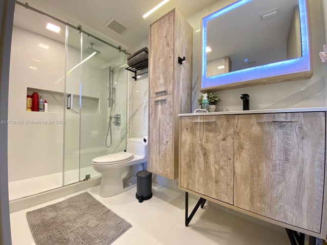 bathroom with an enclosed shower and toilet