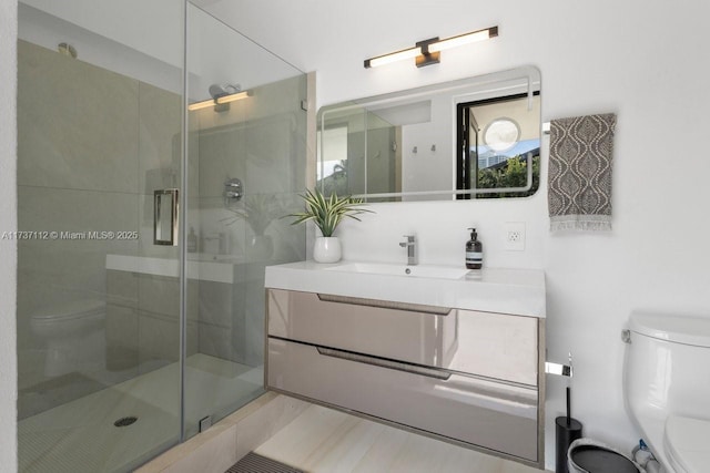 bathroom with a shower stall, toilet, and vanity