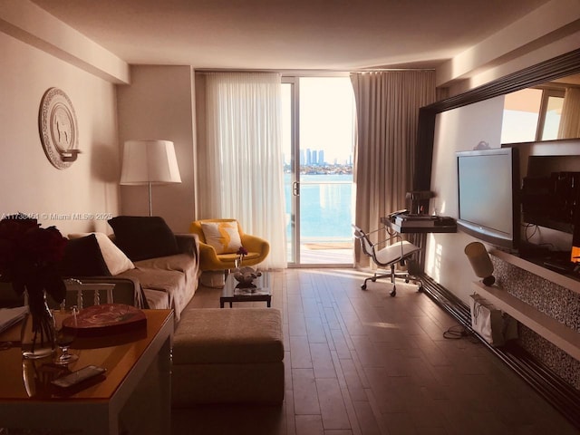 living room with hardwood / wood-style flooring and floor to ceiling windows