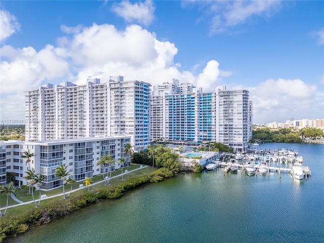 bird's eye view with a water view