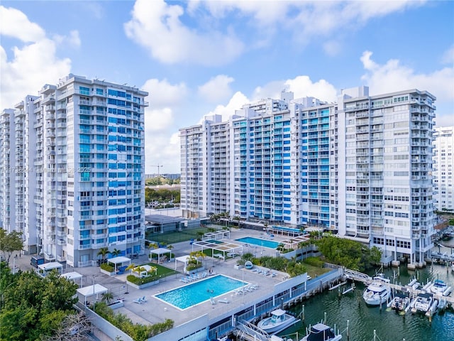 view of building exterior featuring a water view