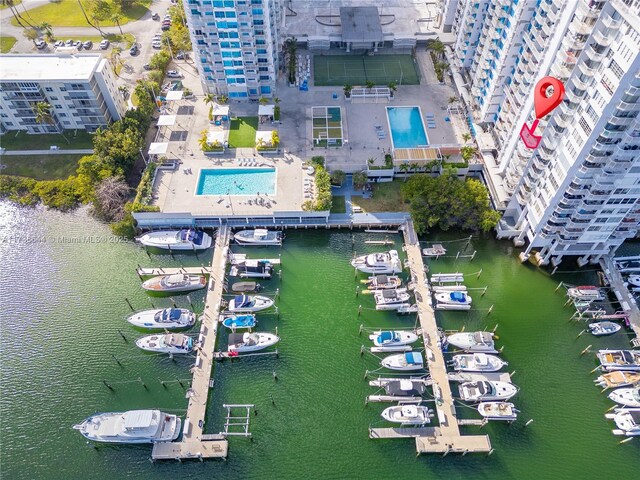 bird's eye view with a water view