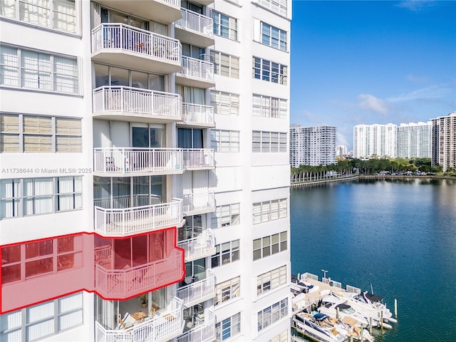 view of building exterior featuring a water view