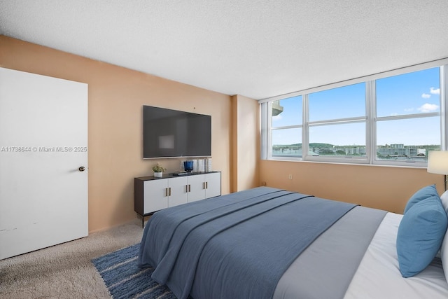 carpeted bedroom featuring a textured ceiling