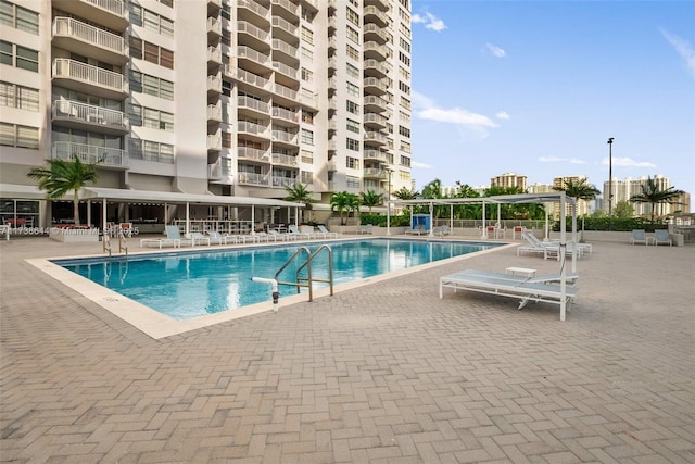 view of swimming pool with a patio area