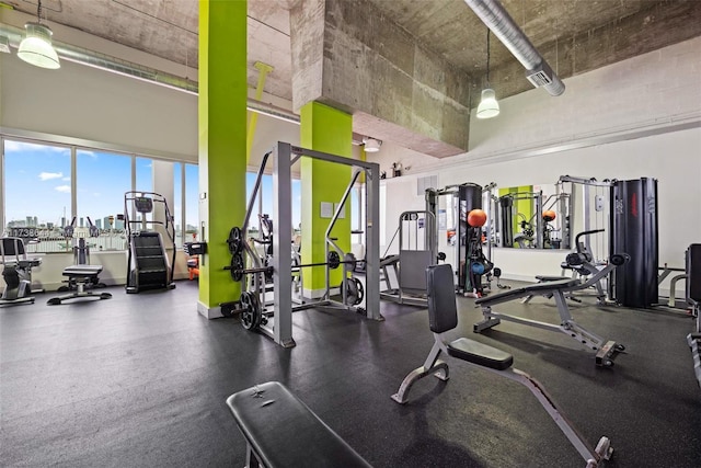 workout area featuring a towering ceiling