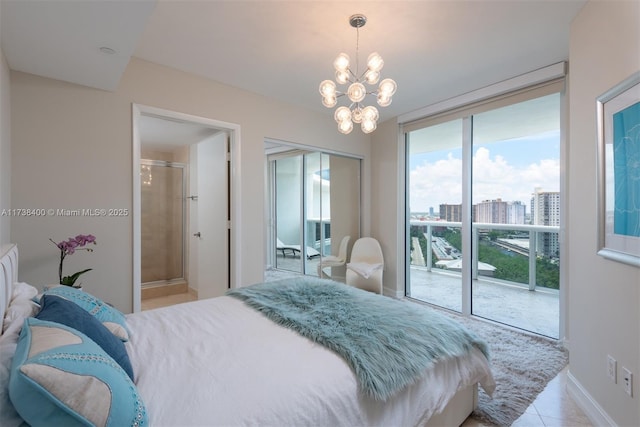 bedroom featuring light tile patterned flooring, floor to ceiling windows, ensuite bathroom, a closet, and a notable chandelier