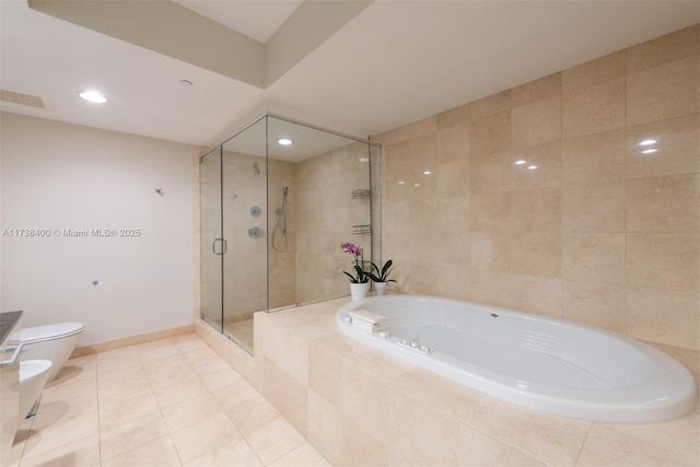 bathroom featuring a bidet, tile patterned floors, toilet, and separate shower and tub