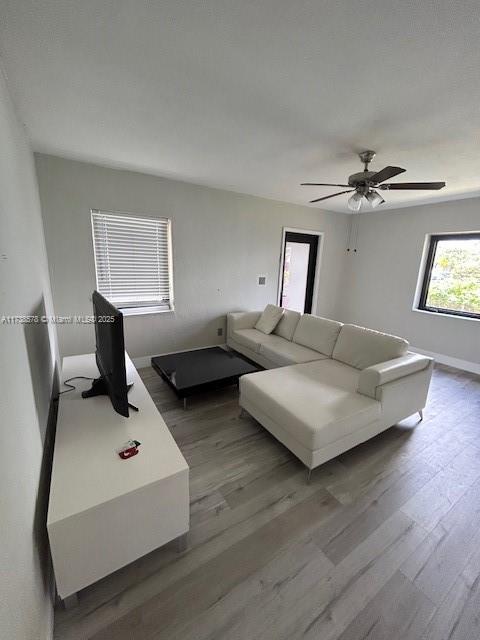 living room featuring hardwood / wood-style floors and ceiling fan