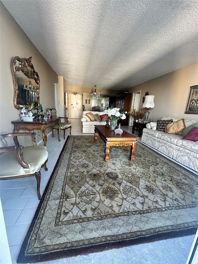 tiled living room with a textured ceiling