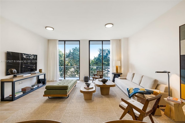 living room with hardwood / wood-style flooring and expansive windows