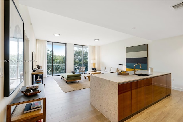 kitchen featuring an island with sink, sink, a wall of windows, and light hardwood / wood-style floors