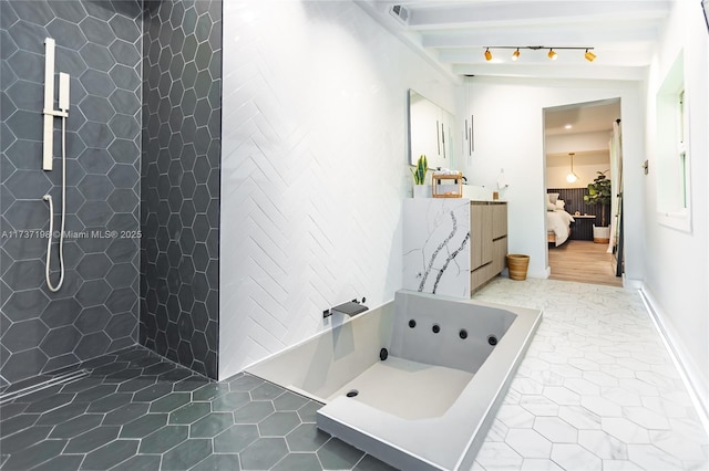 bathroom featuring tile patterned floors, independent shower and bath, vanity, and vaulted ceiling with beams