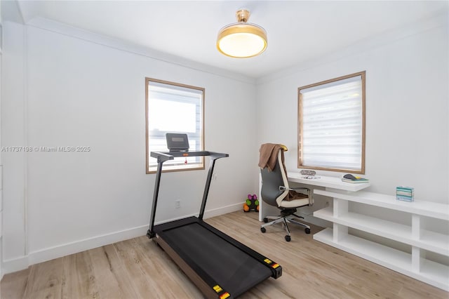 exercise room featuring crown molding and light wood-type flooring