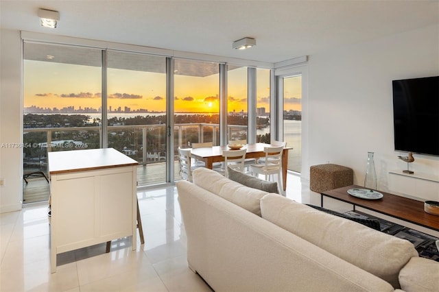 tiled living room featuring floor to ceiling windows