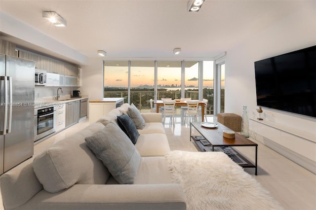 living room featuring sink and floor to ceiling windows