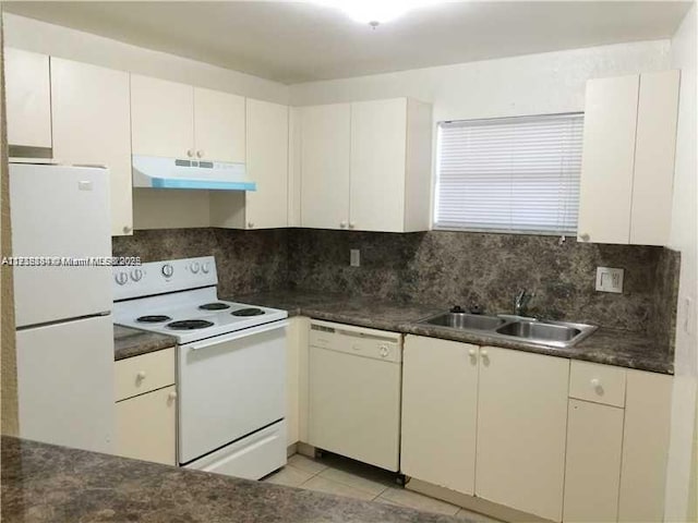 kitchen featuring white cabinetry, white appliances, and sink