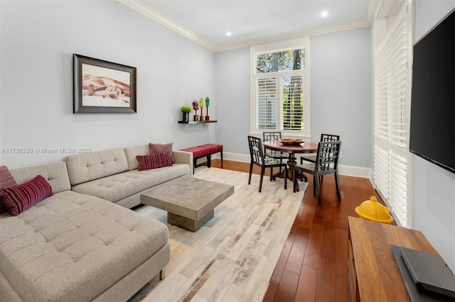 living room with ornamental molding and light hardwood / wood-style flooring