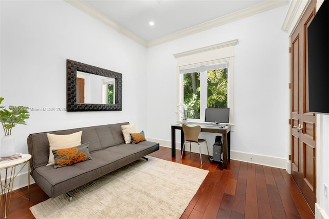 living room with crown molding and dark hardwood / wood-style floors