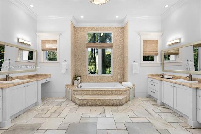 bathroom with crown molding, a relaxing tiled tub, and vanity