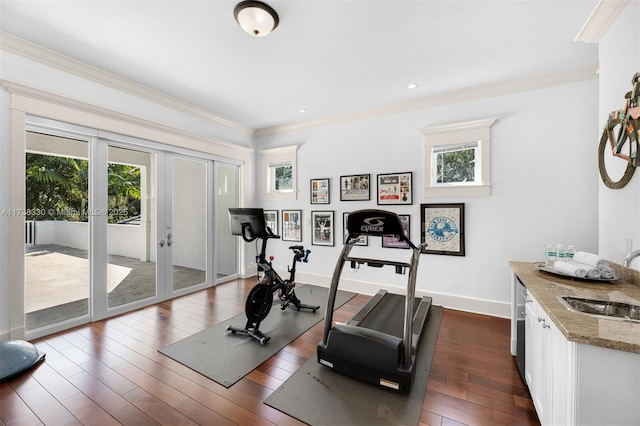 workout room featuring sink, crown molding, dark wood-type flooring, and french doors