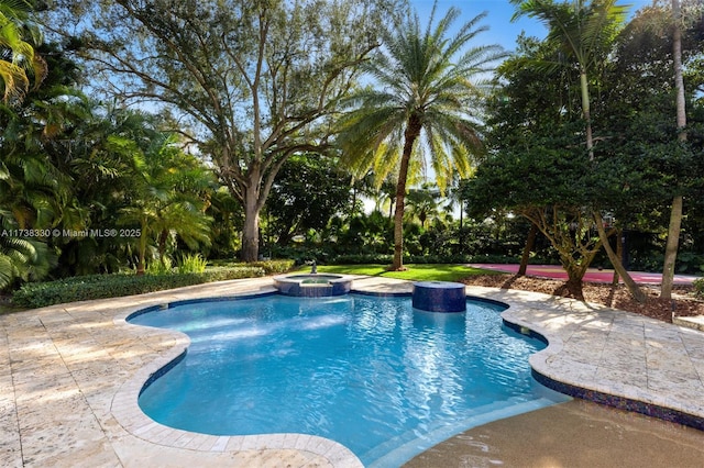 view of pool with an in ground hot tub and a patio