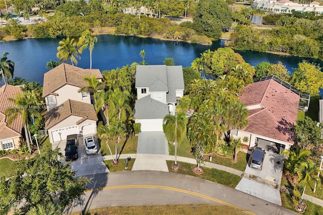 drone / aerial view with a water view