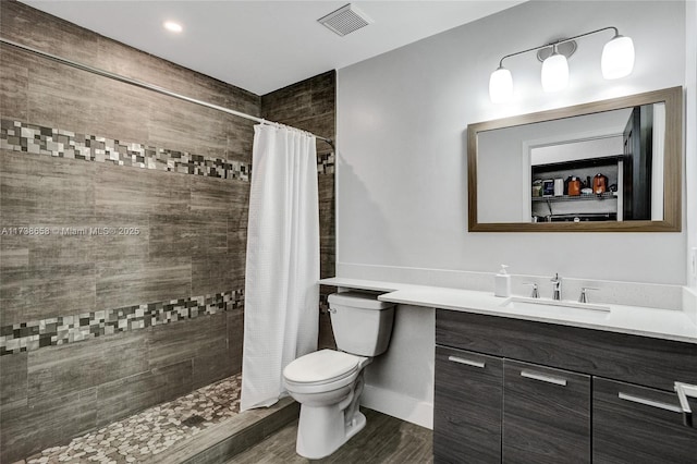 bathroom with vanity, toilet, and a shower with shower curtain