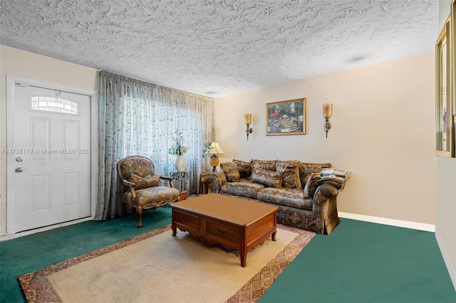 living room with a textured ceiling and carpet flooring