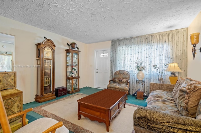 living room featuring carpet and a textured ceiling