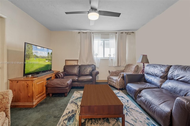 carpeted living room featuring ceiling fan