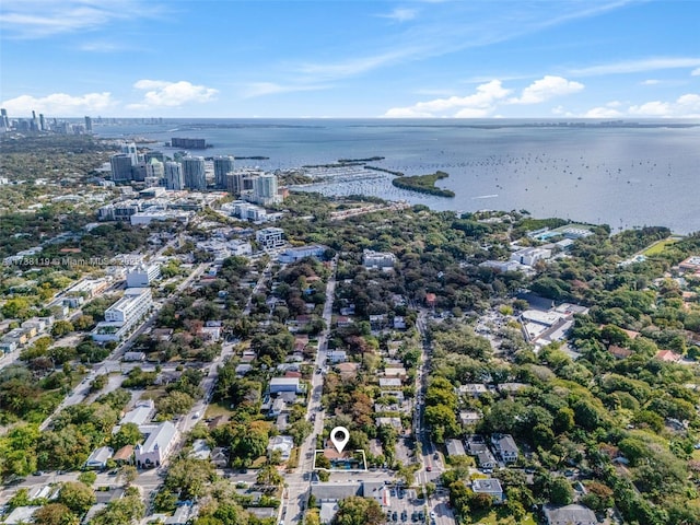 drone / aerial view with a water view