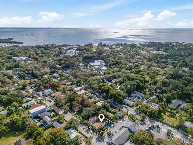 drone / aerial view featuring a water view