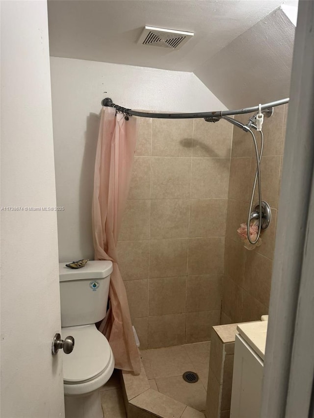 bathroom featuring toilet, vanity, and walk in shower